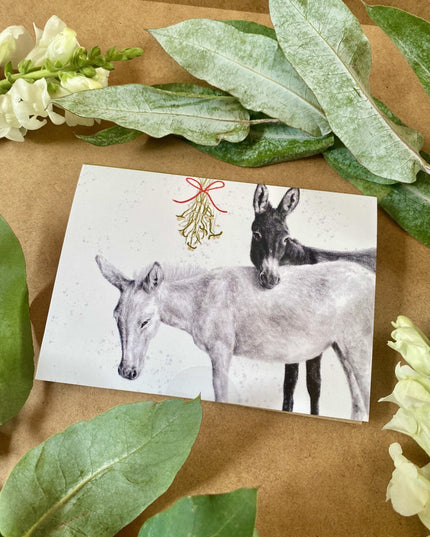 Mistletoe Hare & Donkey -Hand Drawn Eco Christmas Card Pack Of 6 image 2