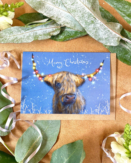 Festive Highland Cow - Hand Drawn Eco Christmas Card Pack Of 6 image 2