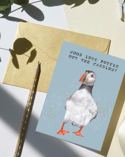 'Good Luck Puffin Out The Candles' Cute Puffin Birthday Card image 0