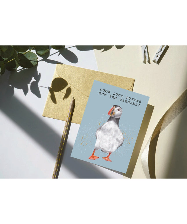 'Good Luck Puffin Out The Candles' Cute Puffin Birthday Card image 0
