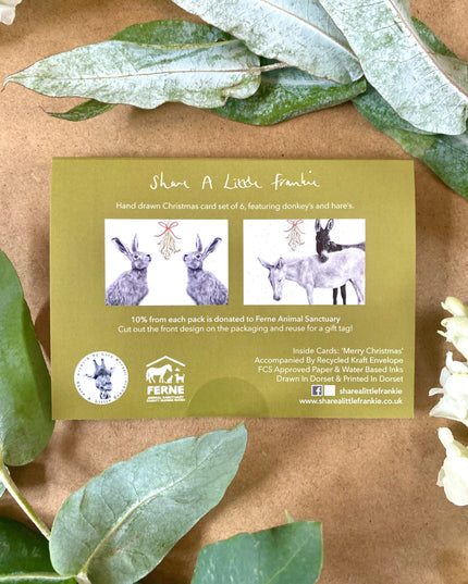 Mistletoe Hare & Donkey -Hand Drawn Eco Christmas Card Pack Of 6 image 1