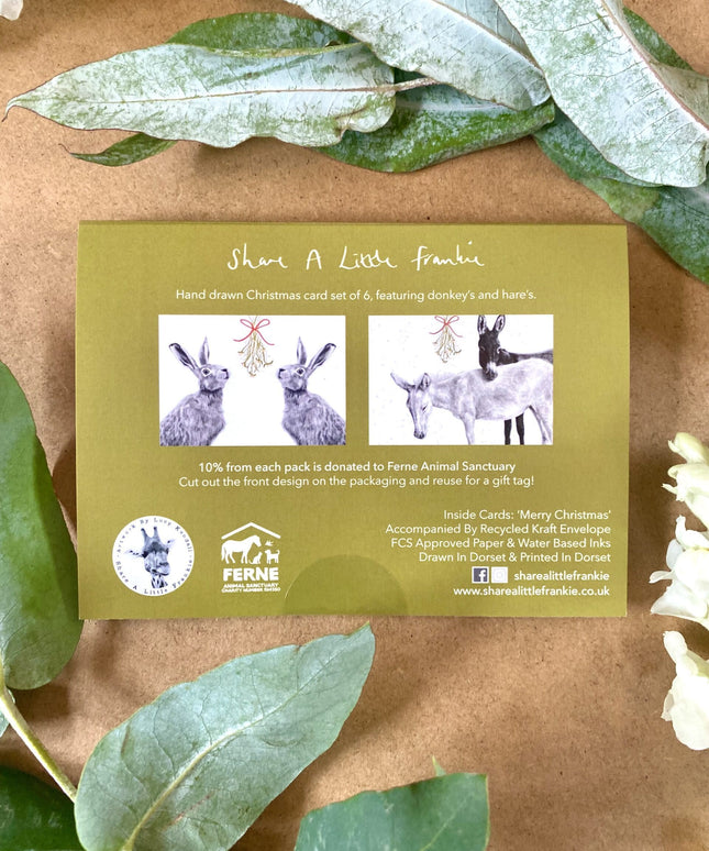 Mistletoe Hare & Donkey -Hand Drawn Eco Christmas Card Pack Of 6 image 1