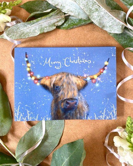 Festive Highland Cow - Hand Drawn Eco Christmas Card Pack Of 6 image 0