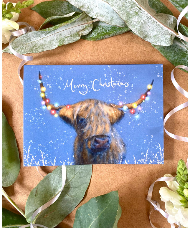 Festive Highland Cow - Hand Drawn Eco Christmas Card Pack Of 6 image 0