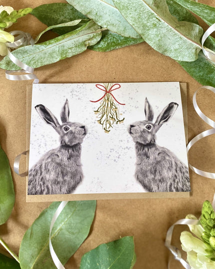 Mistletoe Hare & Donkey -Hand Drawn Eco Christmas Card Pack Of 6 image 0