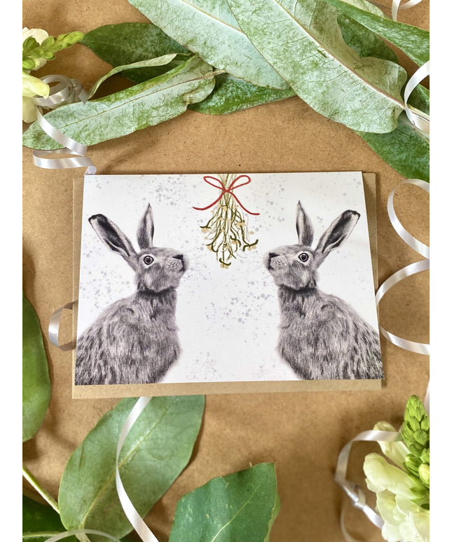 Mistletoe Hare & Donkey -Hand Drawn Eco Christmas Card Pack Of 6 image 0