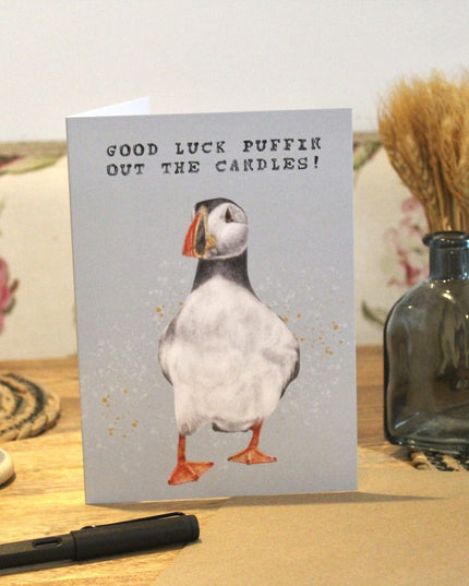 'Good Luck Puffin Out The Candles' Cute Puffin Birthday Card image 1