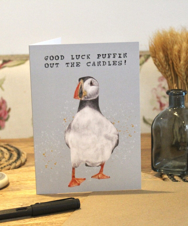 'Good Luck Puffin Out The Candles' Cute Puffin Birthday Card image 1