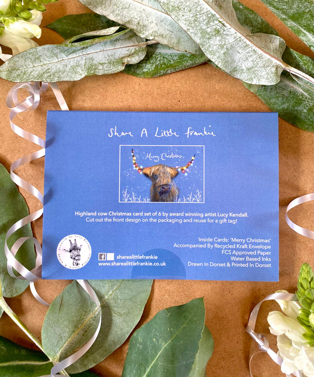 Festive Highland Cow - Hand Drawn Eco Christmas Card Pack Of 6 image 1