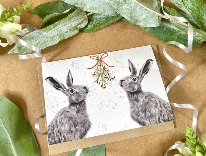 Mistletoe Hare & Donkey -Hand Drawn Eco Christmas Card Pack Of 6 image 4