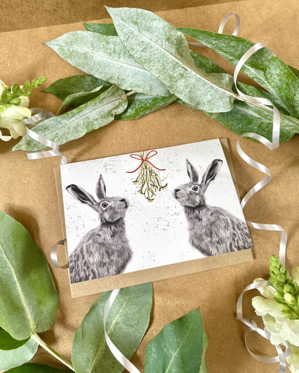 Mistletoe Hare & Donkey -Hand Drawn Eco Christmas Card Pack Of 6 image 4